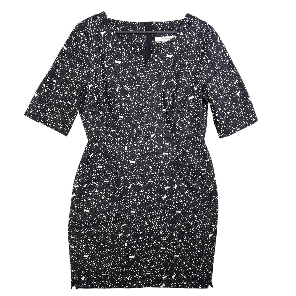LK Bennett Chene Geometric Printed Sheath Dress Sz 10 Black White Office Career